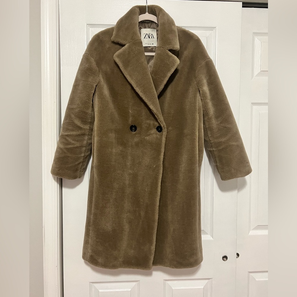 Zara plush faux fur pea coat